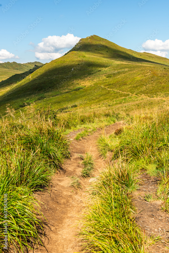 Trekking trial trough wilderness and scenic nature at summer in Bieszczady Mountains, Carpathians, Poland.