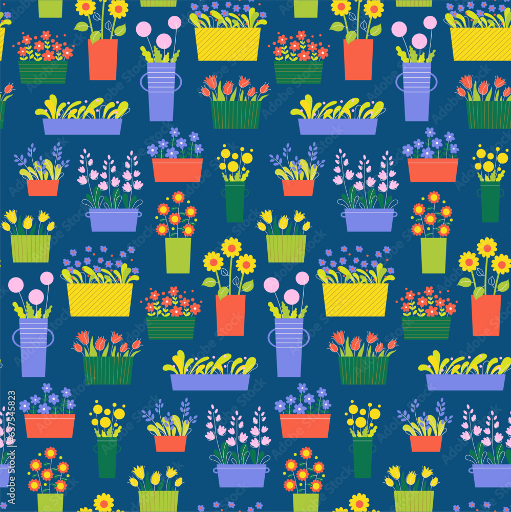 Seamless pattern flowers in pots. Cute flowers in vases and pots Seamless pattern flowers in pots. Cute flowers in vases and pots