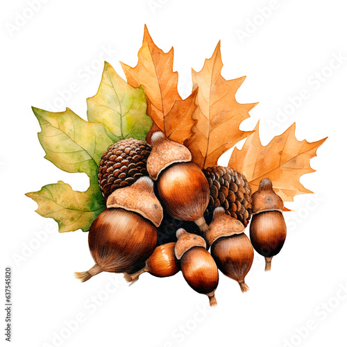 Watercolor painted haselnuts on transparent background, autum fall design element photo