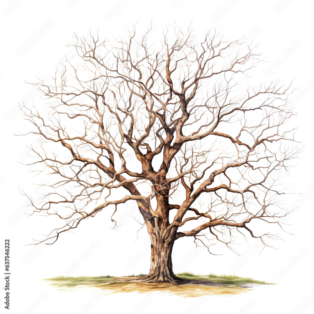 Watercolor painted bare tree on transparent background, fall design element Watercolor painted bare tree on transparent background, fall design element