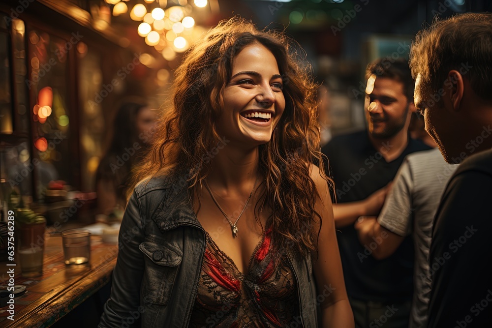 Friends gathered at a cafe, their faces illuminated by genuine smiles and peals of laughter, radiating the delight of their shared moments