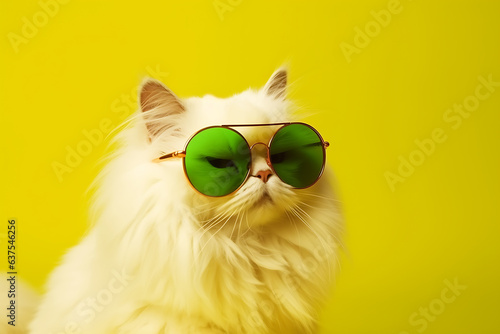 Fashionable white fluffy cat in green glasses posing on a yellow background. The cat looks at the camera suspiciously