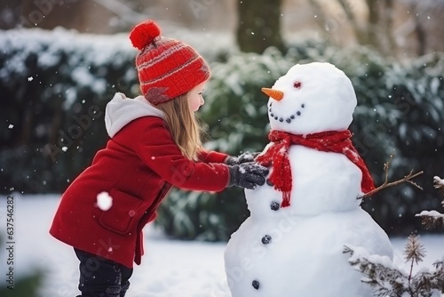 Canvas Print A girl in a red jacket and a black hat makes a snowman in the garden