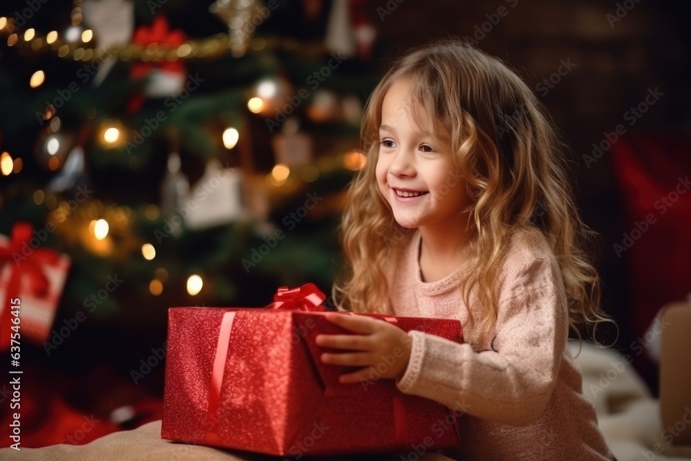 Girl puts a big red gift under the Christmas tree Girl puts a big red gift under the Christmas tree