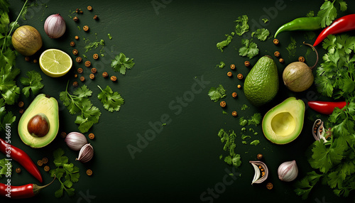 Sauce ingredients and green background: avocado, peppers, onion, garlic. Created with ai generative technology photo