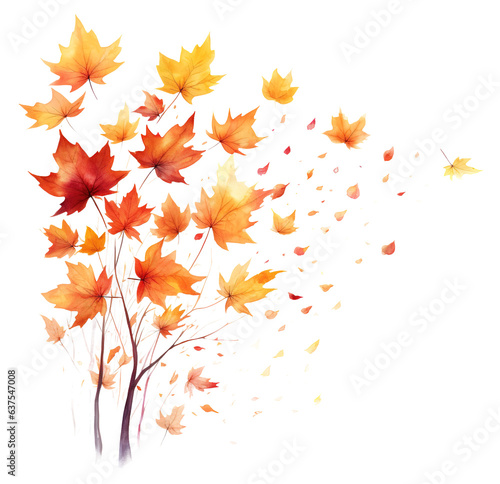 Watercolor falling leaves on transparent background  fall design element