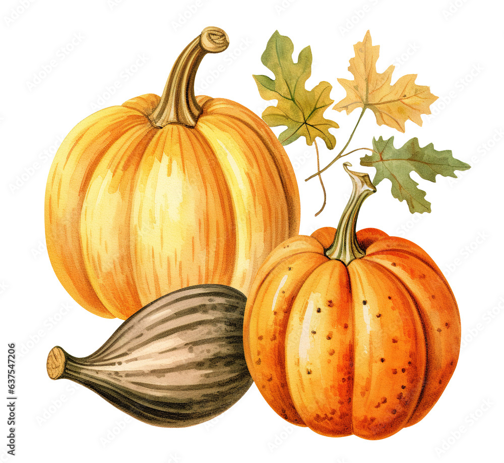 Watercolor painted gourd and squash on transparent background, autumn agriculture harvesting theme Watercolor painted gourd and squash on transparent background, autumn agriculture harvesting theme