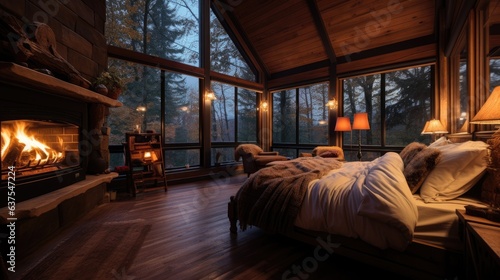 A cozy cabin bedroom with a fireplace and snow outside the windows, white bedding.  © piai