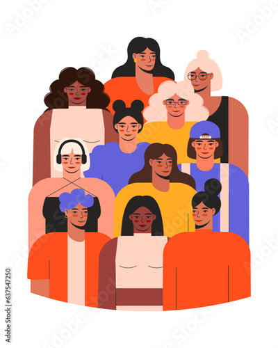 Diverse multinational women vector flat illustration. Group of women with different skin color.