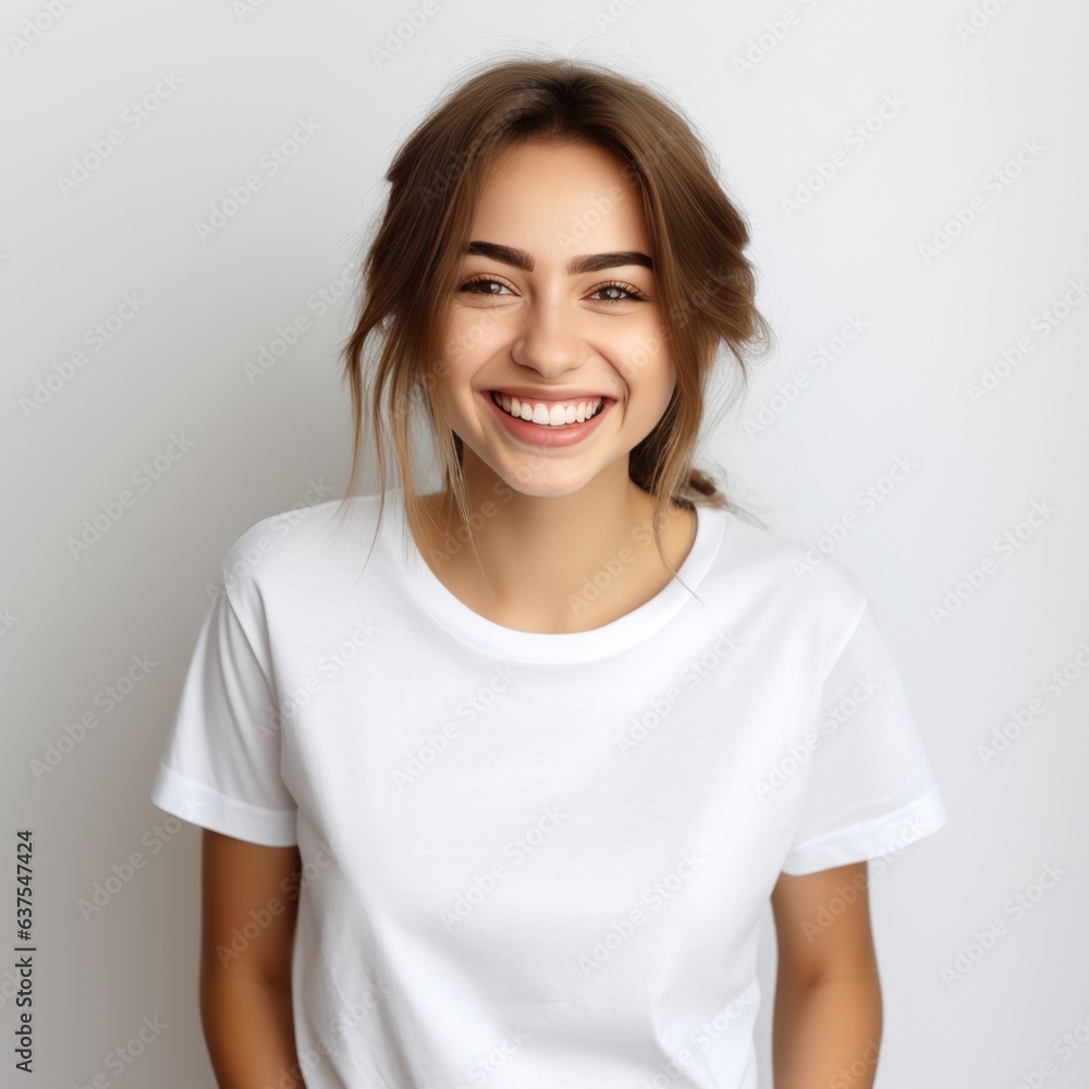 Fototapeta premium Young woman in white t-shirt. isolated