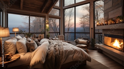 A cozy cabin bedroom with a fireplace and snow outside the windows, white bedding. Generative AI