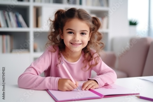 A girl in a pink T-shirt sits at a white table and draws