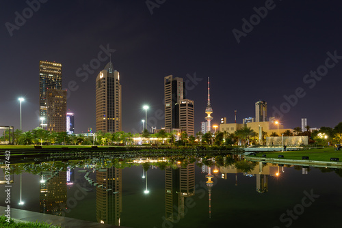Beautiful Cityscape with Reflection of high raised building at Al-Shaheed Park at the centre of kuwait city