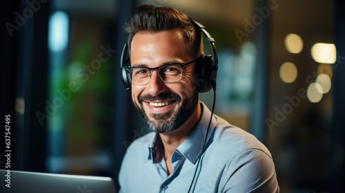 An office man smiling with a headset on her computer.