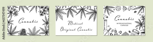 Cannabis horizontal design for packaging, social media posts, store decoration, branding, certificates. Marijuana vector illustration in sketch style. Hemp engraved background