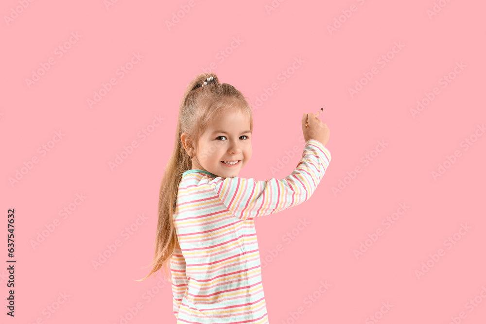 Cute little girl with paint brush on pink background Cute little girl with paint brush on pink background