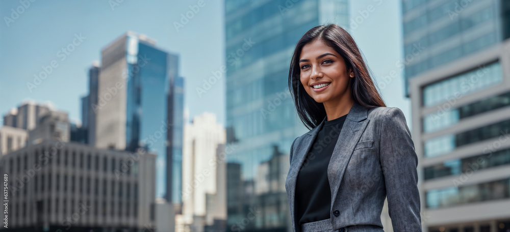 Businesswoman in front of tall city buildings. Indian, American Woman. Work Abroad Career concept. Businesswoman in front of tall city buildings. Indian, American Woman. Work Abroad Career concept.