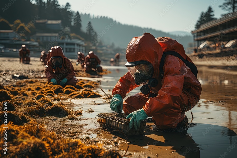 Scientists on duty in hazmat suits: Cleaning a local lake