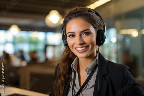 An office woman smiling with a headset on her computer,