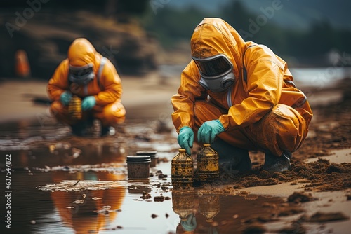 Yellow special hazmat suits in action: Locals cleaning a beach from debris