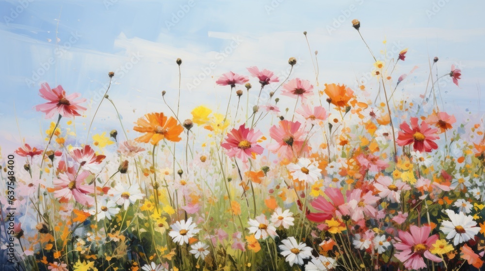 A painting of a field of colorful flowers