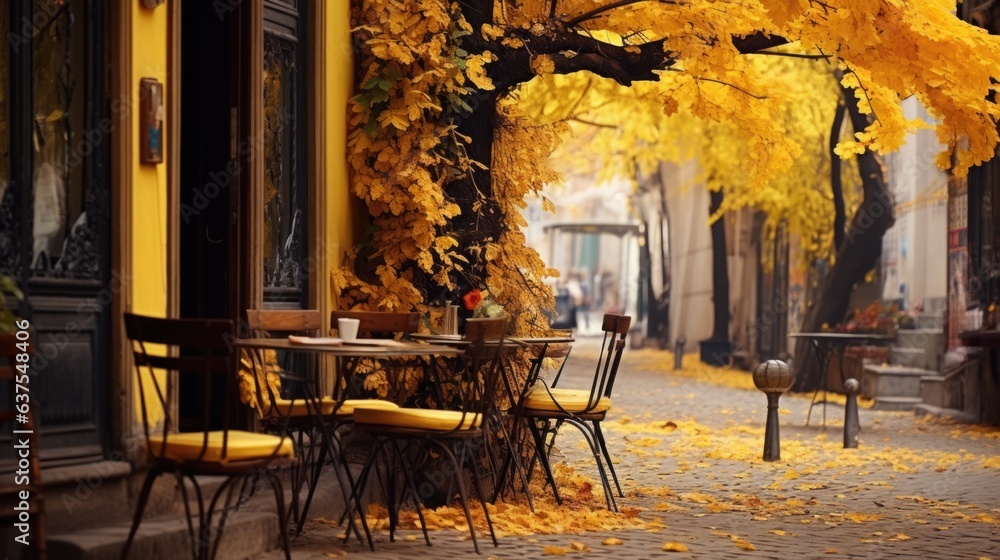 A sidewalk with tables and chairs and a tree with yellow leaves