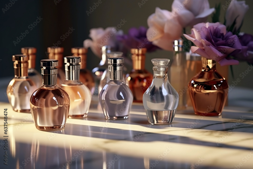 Elegant perfume blend, fragrance bottles adorned with blossoms, delicate illustration. Elegant perfume blend, fragrance bottles adorned with blossoms, delicate illustration.