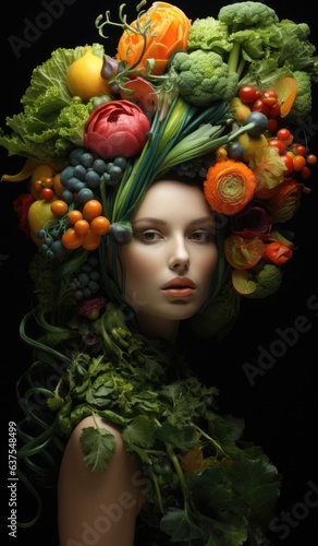 A woman with a bunch of fruits and vegetables on her head