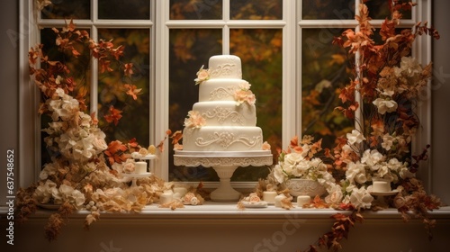 A wedding cake sitting on top of a window sill