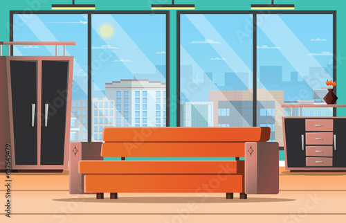 Background in the form of a room with sofa, nightstand and closet, two large windows overlooking the city.Офис