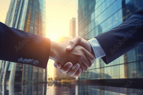 Businessmen making handshake in the city - business etiquette, congratulation, merger and acquisition concepts, panoramic banner. High quality photo
