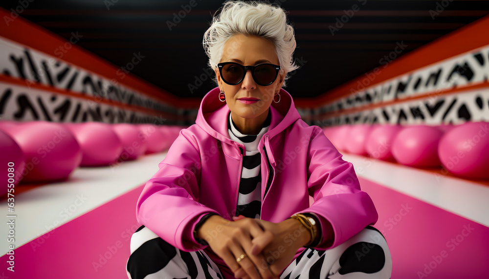 a woman is wearing black, white and pink and posing in a colorful room a woman is wearing black, white and pink and posing in a colorful room