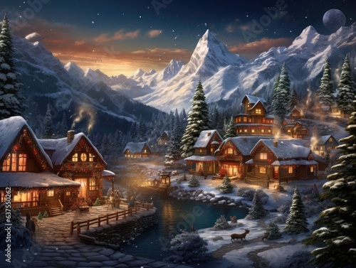 A digital illustration of a snowy mountain village at night, with small wooden houses, Christmas decorations, and a starry sky.
