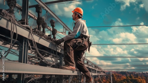 A technician inspecting power lines from an elevated platform, symbolizing the maintenance and upkeep of power infrastructure