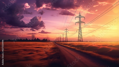 Power lines stretching across a landscape, conveying the transmission of electrical power from generation sources to consumers