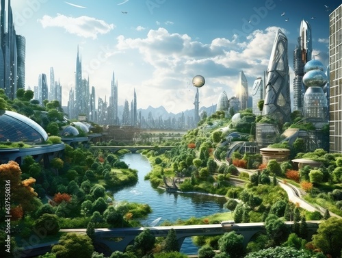 Futuristic city with a river running through it, surrounded by tall buildings and trees.