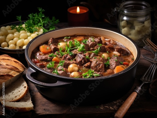 Pot of beef stew with potatoes, small onions and bread on a wooden table.