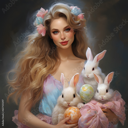 A beautiful girl with long hair is holding three cute rabbits and eggs in her hands. Portrait of pastel colors. Minimal Easter concept.