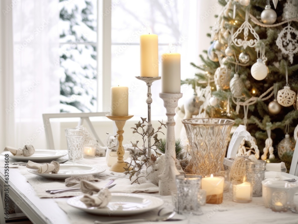 Christmas dinner setting in a light modern dining room. Winter holidays and celebration concept - table served for festive party Christmas dinner setting in a light modern dining room. Winter holidays and celebration concept - table served for festive party