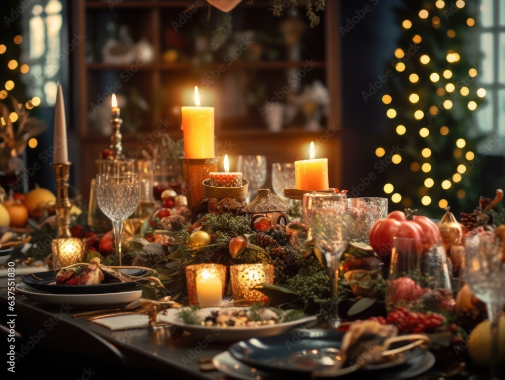 Beautiful served table with decorations and candles. Christmas dinner setting in a cozy dining room. Winter holidays and celebration concept of festive party