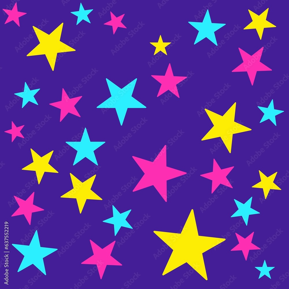 Pink, yellow, and blue stars on dark purple background