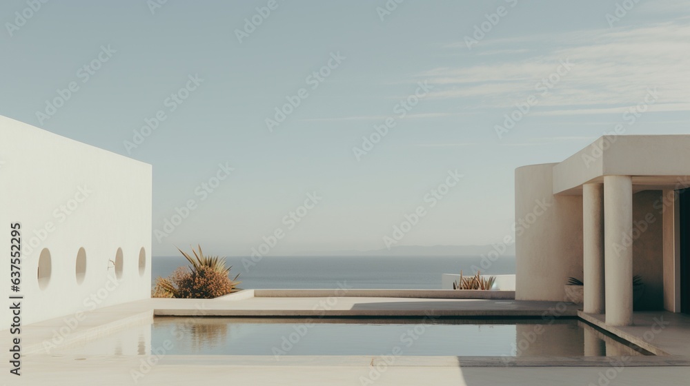 Generative AI, Beach aesthetic villa house and coast landscape, muted colors, minimalism