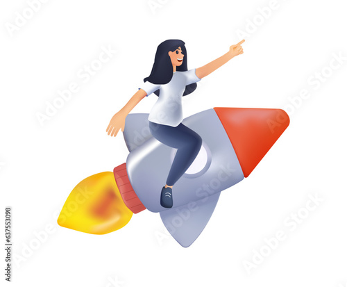3D cartoon people moving top on rocket and crash vector graphic illustration. 3D successful woman moving high isolated