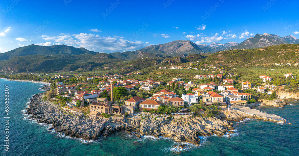 Naklejka premium Aerial view of the wonderful seaside village of Kardamyli, Greece located in the Messenian Mani area. It's one of the most beautiful places to visit in Greece, Europe