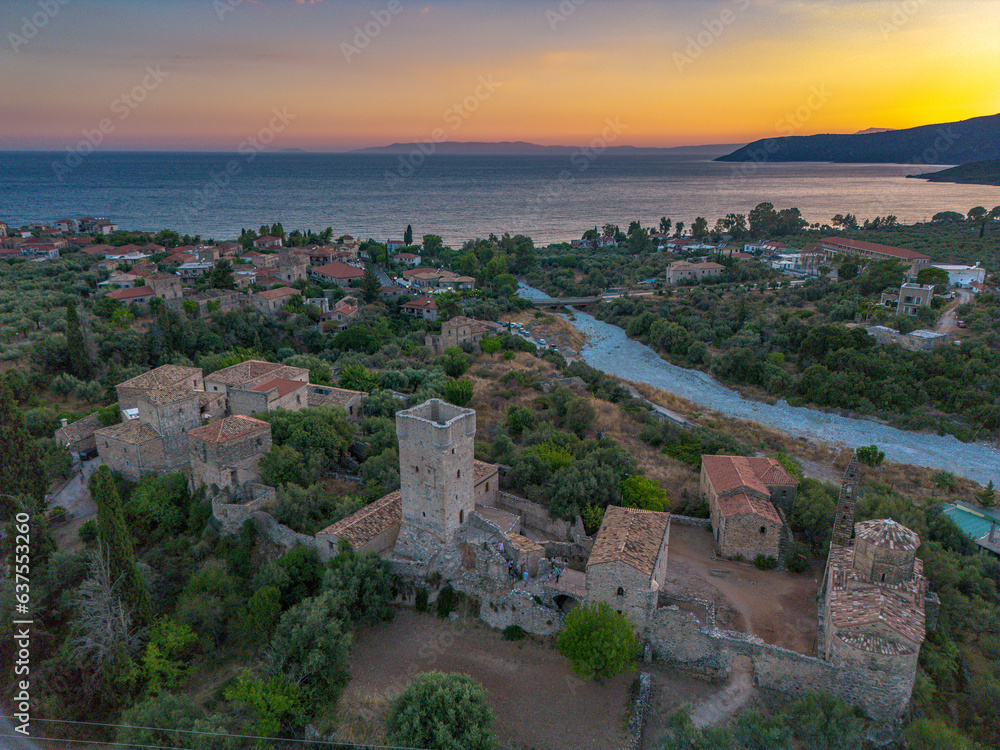 Aerial view of the wonderful seaside village of Kardamyli, Greece located in the Messenian Mani area. It's one of the most beautiful places to visit in Greece, Europe