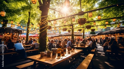 Oktoberfest Celebration in Munich: Beer Garden Bustle with Wooden Tables, Traditional German Attire, Lively Music, Bratwurst, Pretzels, and a Joyful Crowd