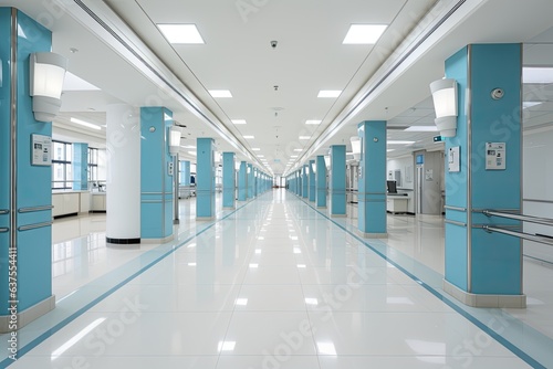 Empty modern hospital corridor, clinic hallway interior background with chairs for patients waiting for doctor visit. Contemporary waiting room in medical office. Healthcare services concept