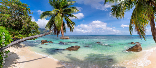 Fototapeta Naklejka Na Ścianę i Meble -  Panorama of beautiful beach with coconut palms in tropical island, Seychelles. Summer vacation and tropical beach concept.