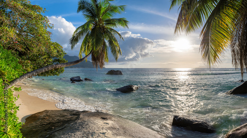 Photo Panoramic view of beautiful beach at sunset with coconut palm tree, sea and beautiful rocks, Beau Vallon beach, Mahe island, Seychelles