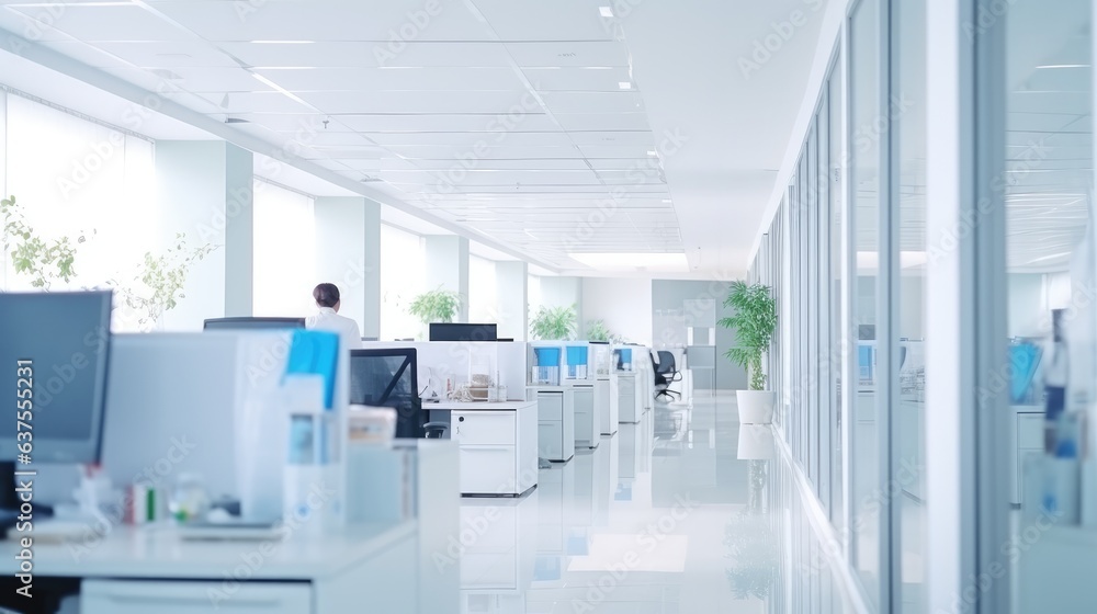 Blur focus of white Open Space office interior. Can be used as background. Generative AI Blur focus of white Open Space office interior. Can be used as background. Generative AI